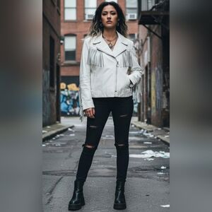 CLEARANCE White Fringe Leather Jacket